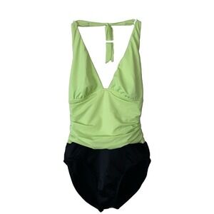 Miraclesuit Green Black Halter one Piece Swimsuit Tummy Control Women 14 Bathing